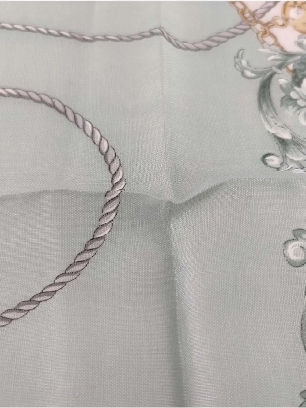 Vintage Celine Paris Cotton Scarf Handkerchief Sage Green Gold Chain - Picture 7 of 9